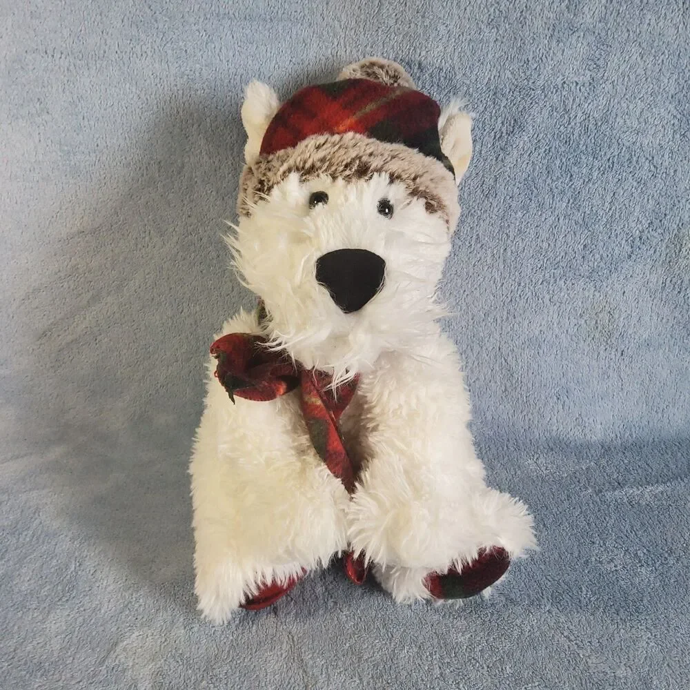 Gentle Treasures Plush White Dog Bear Red Plaid Winter Hat Scarf Holiday Stuff